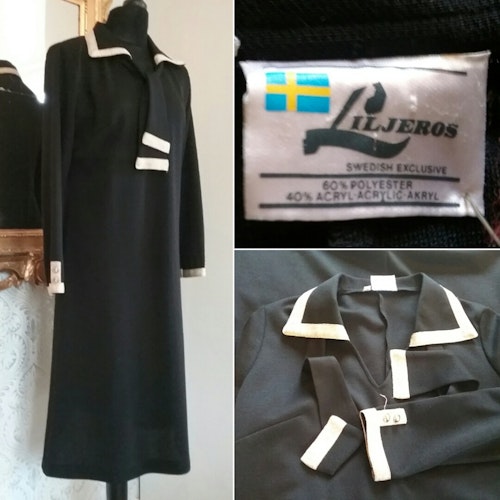 Retro Syntetklänning svart med gulddetaljer Liljeros  70-tal