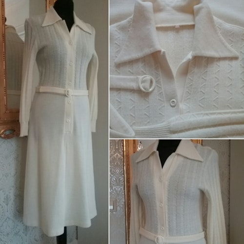 Retro vit stickad mjuk klänning med knappar fram lång arm 70-tal