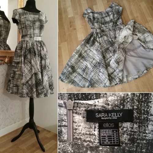 Grå svart Rockabilly-klänning vid kjol Ellos Sara Kelly 50-tals-stil