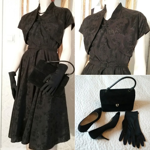 Vintage cocktail-klänning bolero svart med handskar, väska, skor 50-tal 60-tal
