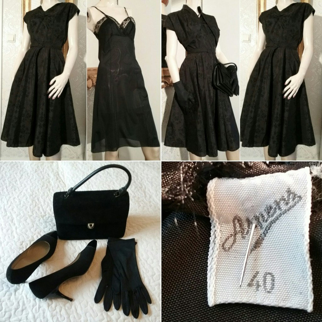 Vintage cocktail-klänning bolero svart med handskar, väska, skor 50-tal 60- tal - Vintage Corner Österlen