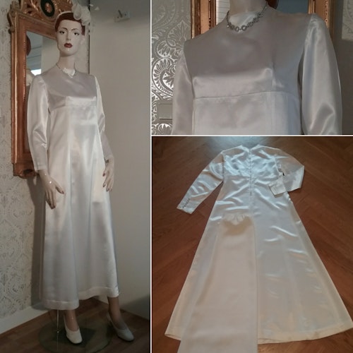 Vintage brudklänning lång smal modell vit satin empireskuren, underkjol 60-tal