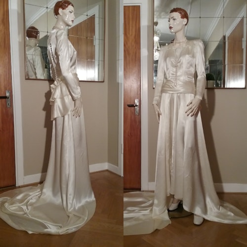 Vintage brudklänning benvit lång med 125 cm släp  30-tal