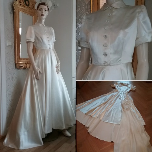 Vintage brudklänning satin lång med släp kort arm underklänning 40-tal 50-tal