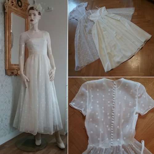 Vintage brudklänning tunt tyg med prickar underklänning vid kjol 40-tal