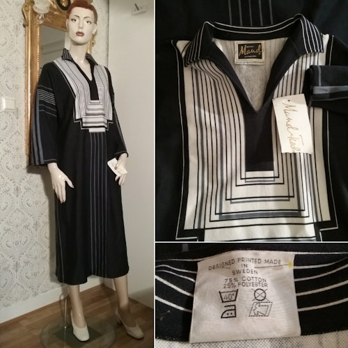 Vintage retro Maud Fredin Fredholm lång klänning jersey svart vit grå 70-tal