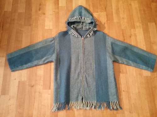 Vintage retro kofta jacka av blårutig ull-pläd med kapuschong 60-tal 70-tal ca