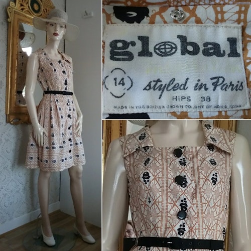 Vintage 50-talsklänning med svarta rosor Globus Paris bomull 50-tal