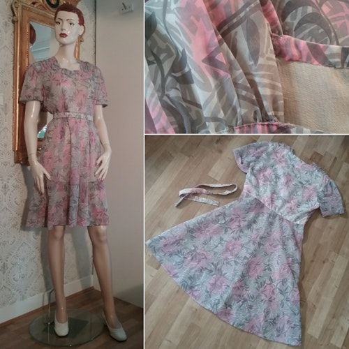 Vintage retro rosa och grå klänning i chiffong sommarklänning 60-tal