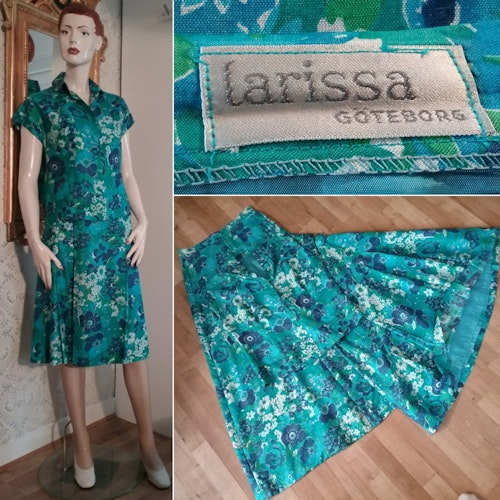 Vintage retro 3-delat set blus 2 kjolar siden, blommigt grönt och blått 70-tal