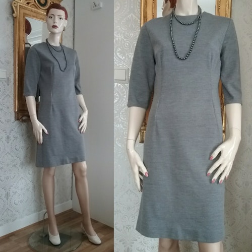 Vintage retro grå jerseyklänning lång arm enkel fin modell 60-tal