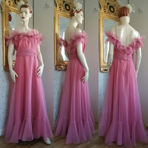 Vintage rosa balklänning festklänning ILGWU mycket rysch volanger 60-tal 70-tal
