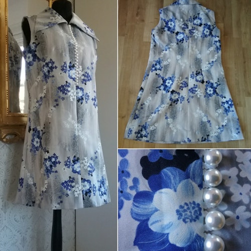 Vintage retro grå och blå klänning med stor krage knappar 60-tal 70-tal