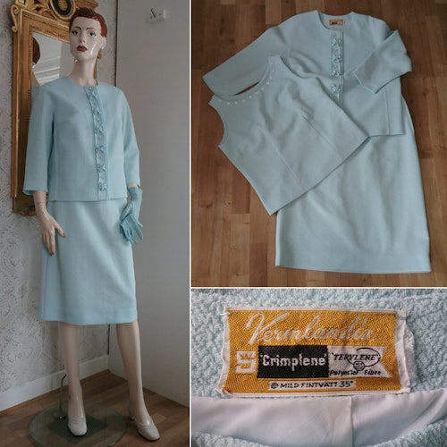 Vintage ljusblå dress 3 delar, kjol jacka top strass-dekorationer 60-tal