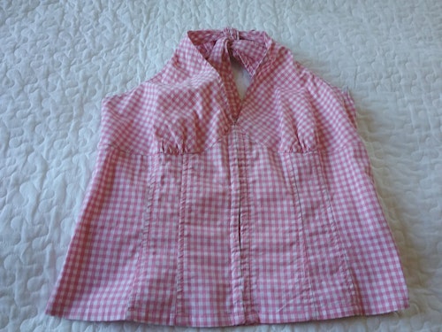 Linne med halterneck och smock i ryggen rosa-vit-rutigt HM Rockabilly-style