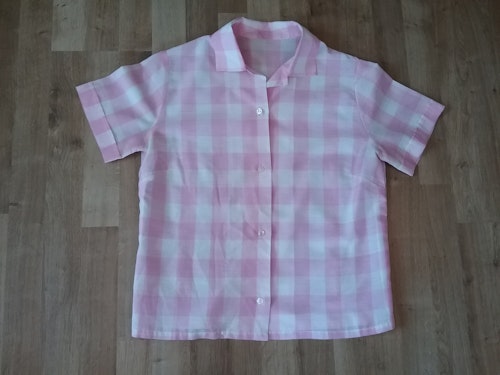 Vintage retro kortarmad blus skjorta rosa- och vit-rutig 60-tal