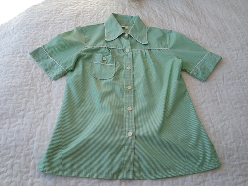 Vintage retro grön- och vit-randig blus/skjorta kort arm Pepita 70-tal 80-tal