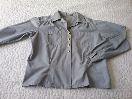 Vintage retro Frivilligkårernas bomulls-skjorta blus blå-grå guldknappar