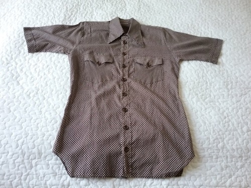 Vintage retro brun- och vit-rutig skjorta kort arm Hollywood Unisex 70-tal