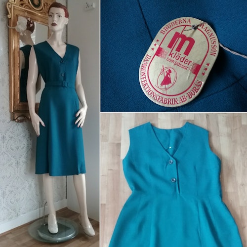 Vintage retro Bröderna Magnusson oanvänd klänning petrol-blå 50-tal 60-tal