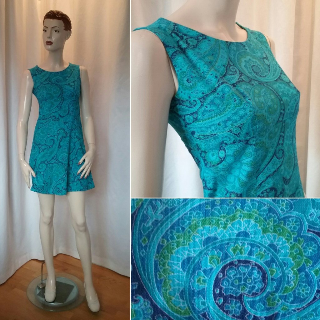 Vintage retro klänning i bomull avskuren under bysten turkos blå grön  60-tal - Vintage Corner Österlen