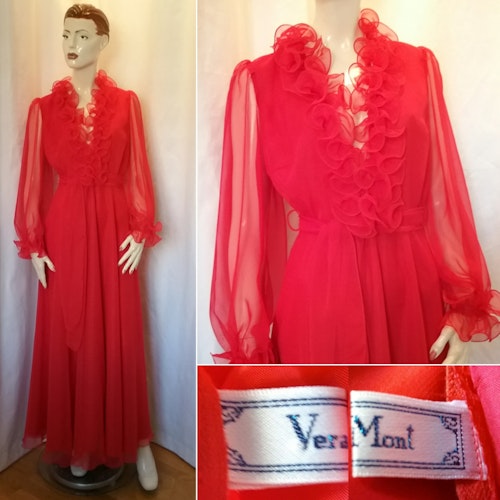 Vintage retro röd långklänning i chiffong med ringning och rysch 70-tal