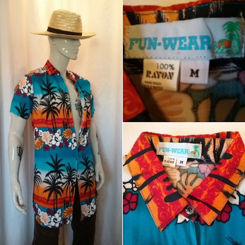 Retro herrskjorta Hawaii-skjorta Fun Wear M Rayon orange blå, 80-tal