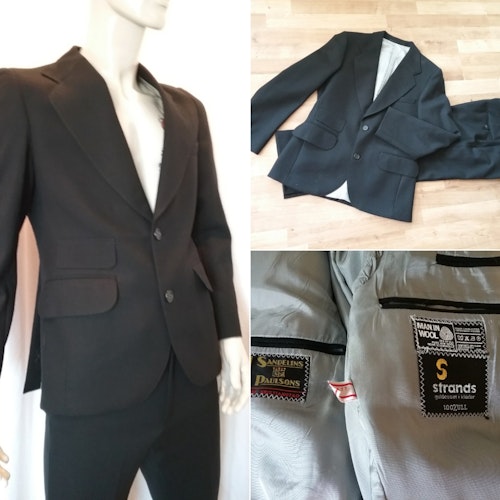 Vintage retro svart kostym tunn ull Strands breda slag