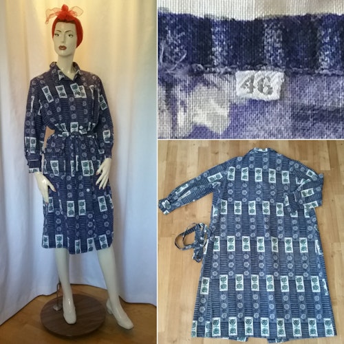 Vintage retro klänning sommar städrocks-modell blå bomull lång arm 60-tal 70-tal