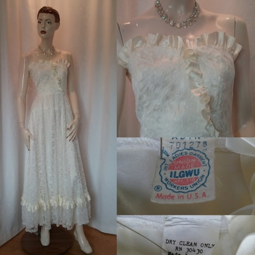 Vintage brudklänning ILGWU spets och axelbandslös 60-tal