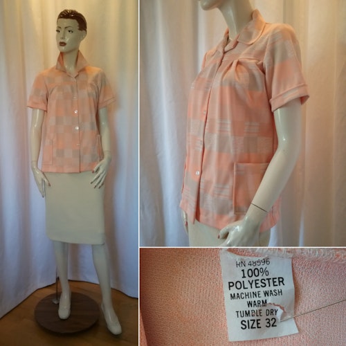 Vintage retro tunika i Polyester aprikos beige vit utanpåfickor 60-tal 70-tal