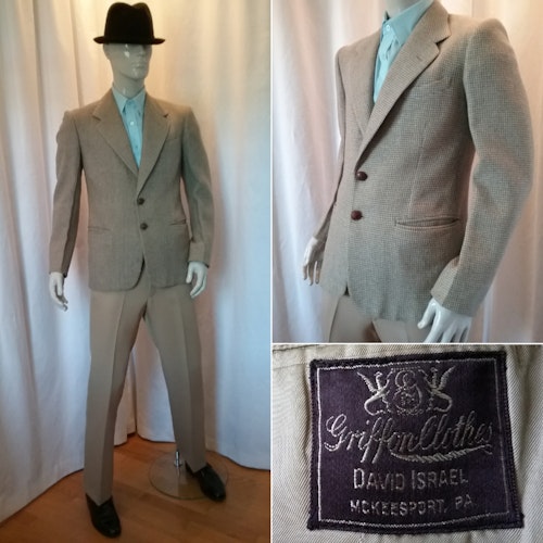 Vintage kavaj  Sports Jacket brun-beige-blå tweed läderknappar 50-tal, stl M ca