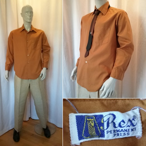 Vintage retro herrskjorta beige-brun lång arm Rex USA stl L-XL