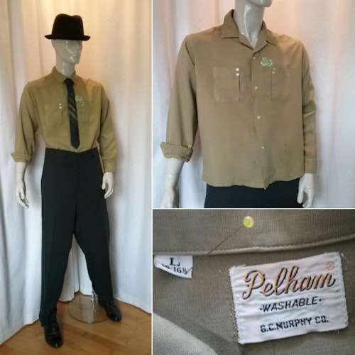 Vintage retro herrskjorta Pelham militärgrön viscose med kaktus stl ca L