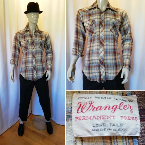 Vintage retro herrskjorta Wrangler rutig tunn beige-brun-blå rutig stl ca M