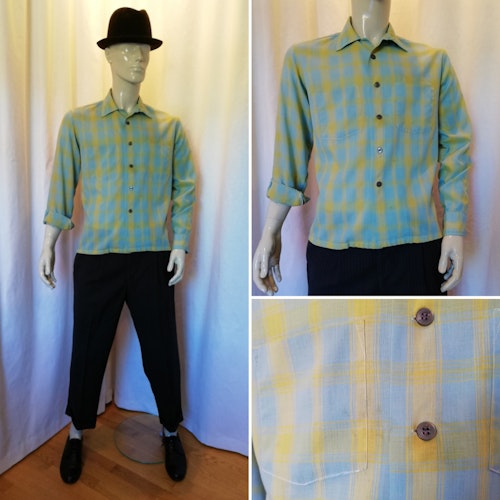 Vintage retro herrskjorta turkos grön rutig tunnare sommarskjorta stl M ca