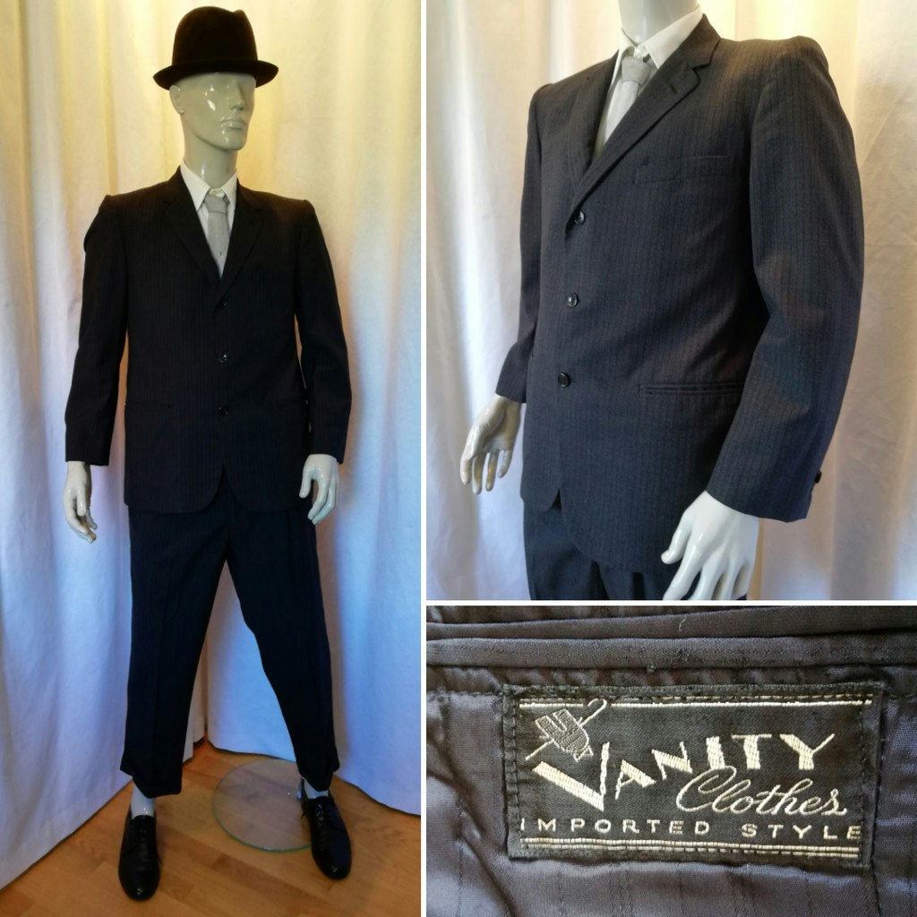 Vintage kostym diskret grå-svart randig Rockabilly 50-tal 60-tal stl ca M -  Vintage Corner Österlen