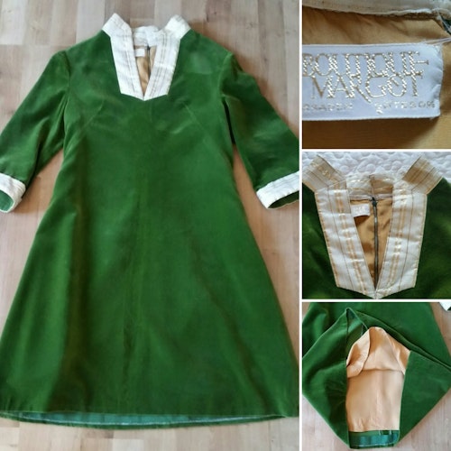 Retro vintage grön sammetsklänning med guldband 60-tal A-linjeformad
