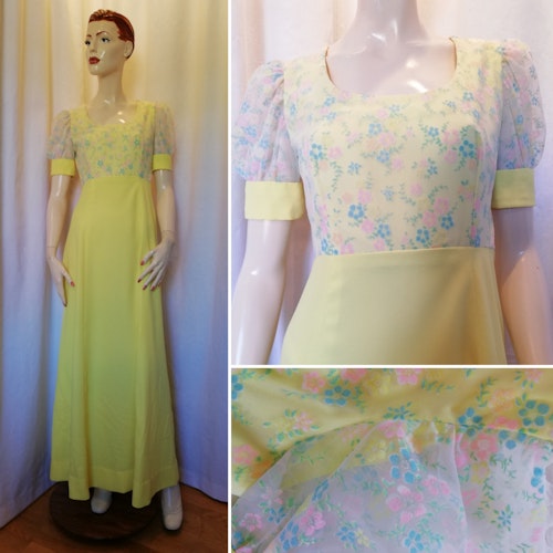 Vintage retro ljusgul långklänning med blommigt tyg 70-tal