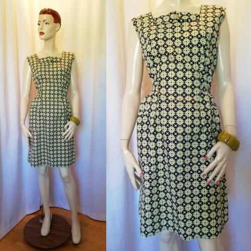 Vintage retro omlottklänning bomull limegrön blå mönstrad fickor 60-tal 70-tal