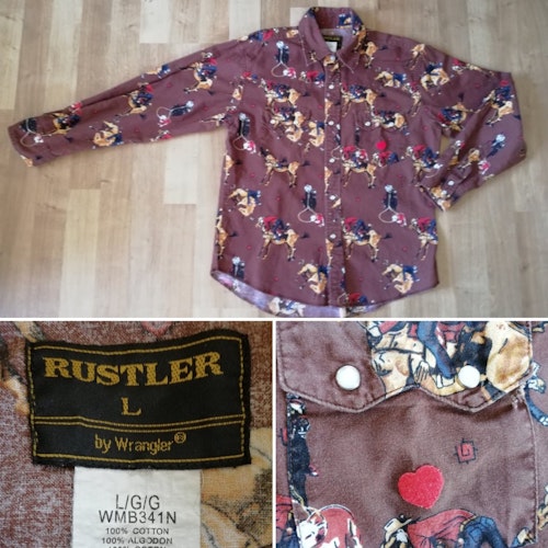 Vintage retro Rustler Wrangler pojk-skjorta brun med cowboy-motiv stl 9-10 år
