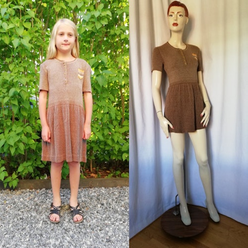 Retro vintage flicka/dam Lecomte stickad klänning brunmelerad