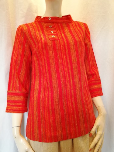 Vintage retro vävd tunika blus med kinakrage orange-randig hippe  70-tal