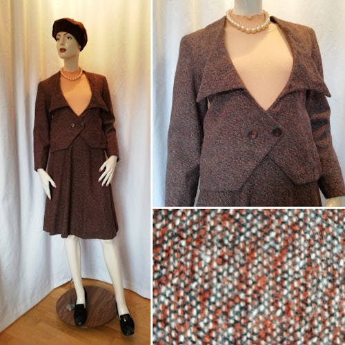 Retro dräkt dress, jacka och klockad kjol hemvävda, vinröd brun 80-tal