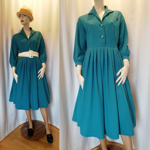 Vintage retro klänning lång arm turkos ull Zanda vid kjol Rockabilly 50-tal
