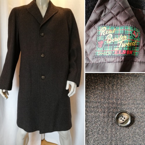 Vintage retro överrock Real Border Tweed Elson brun svart glencheck-ruta stl M