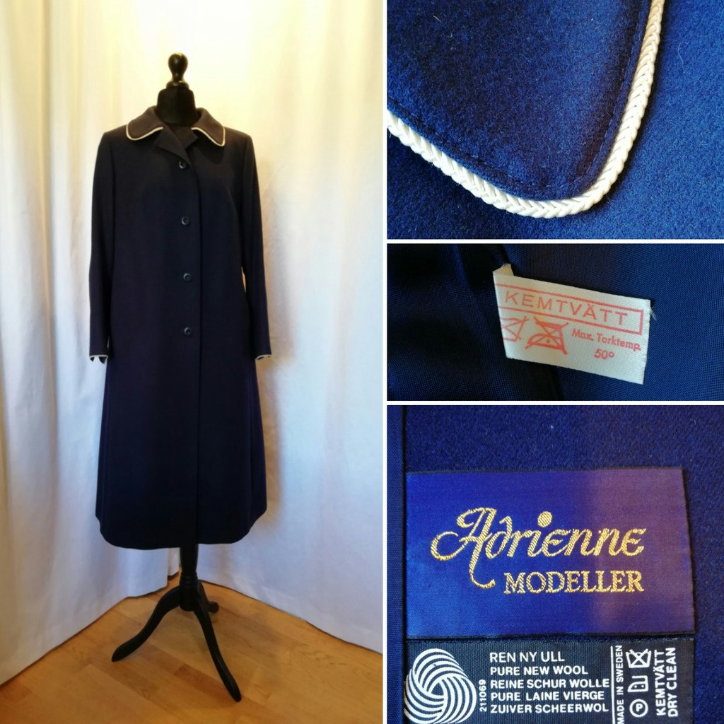 Retro kappa höst/vinter blå vit kant kragen Adrienne Modeller ull 80-tal -  Vintage Corner Österlen