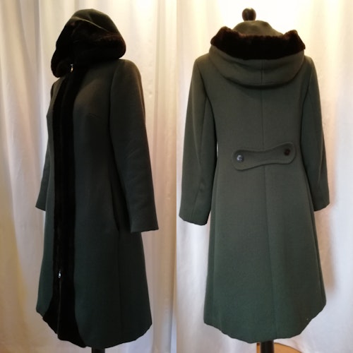 Vintage kappa vinter-kappa grön med brunt fuskskinn och huva 60-tal