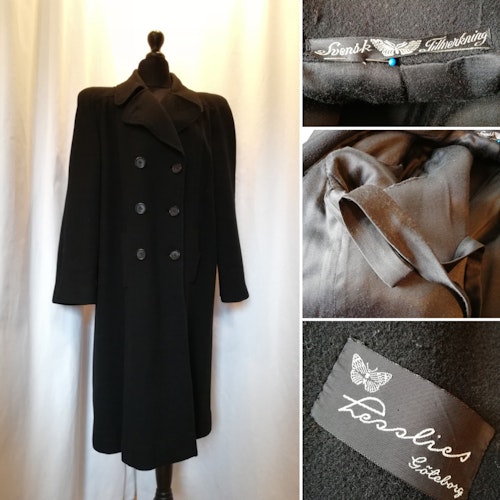 Vintage vinterkappa kappa svart dubbel knäppning stora axelvaddar Leslies 40-tal