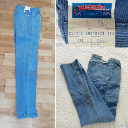 Retro herrbyxor, oanvända/deadstock Bugatti ljusblå manchester-jeans 70 80-tal